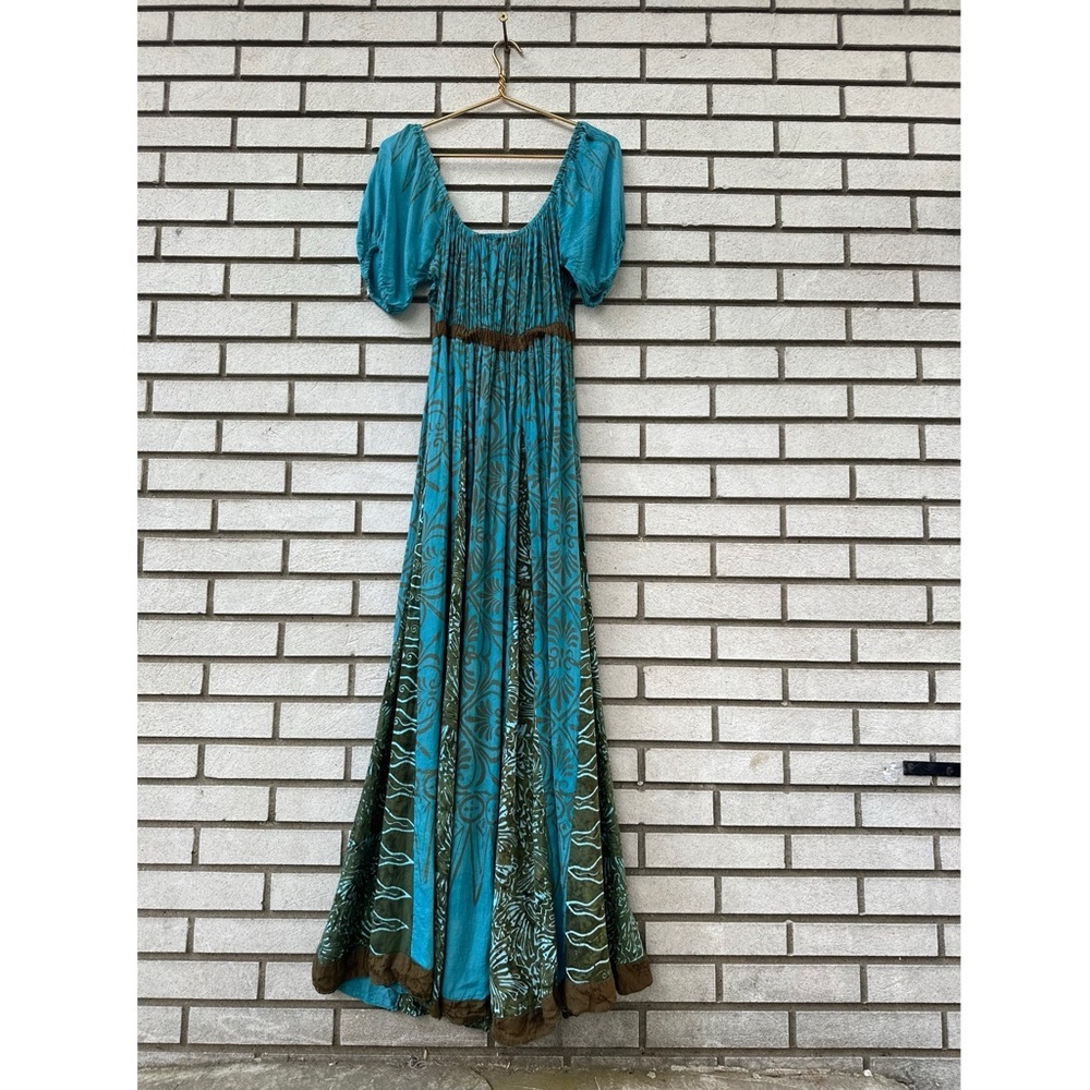 Lotus Traders Boho Blue Brown Puff Sleeve Renaissance Maxi Dress OS Fairycore - Picture 2 of 11